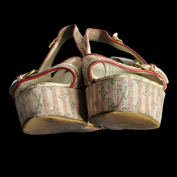 Louis Vuitton Monogram Heel Wedge Slip Open Toed Shoes Sz. 36.5 - Picture 8 of 13